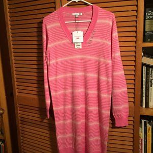 Uniqlo Linen Blend Striped V-neck Long Sleeve Dress Pink Size XXS